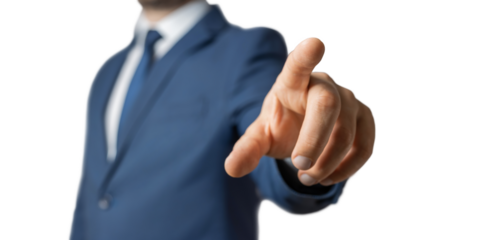 Businessman touches a virtual button, focus on a finger, transparent background