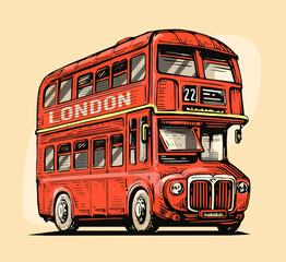 London bus. Traditional British red double decker bus in retro style. Public transport vector colorful illustration - obrazy, fototapety, plakaty