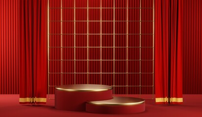 3D rendering of blank product background for cream cosmetics Modern red podium background
