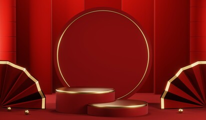 Fototapeta na wymiar 3D rendering of blank product background for cream cosmetics Modern red podium background