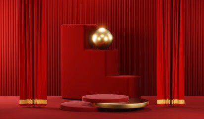 3D rendering of blank product background for cream cosmetics Modern red podium background