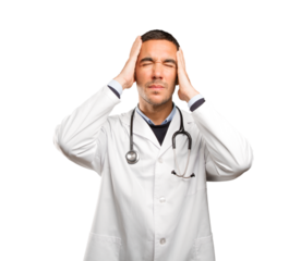 Stressed doctor against white background