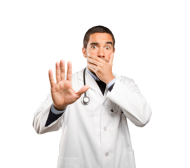 Scared doctor against white background