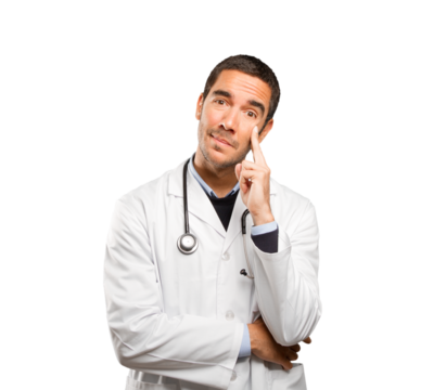 Doubtful doctor against white background