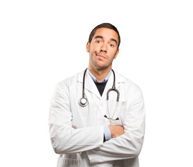 Fototapeta premium Depressed doctor against white background