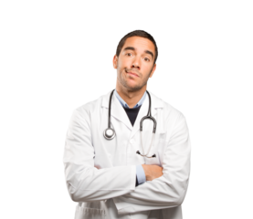 Depressed doctor against white background