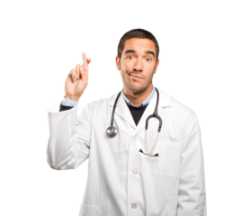 Hopeful doctor with finger cross gesture