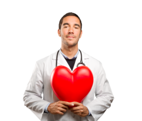 Happy doctor holding a toy heart against white background