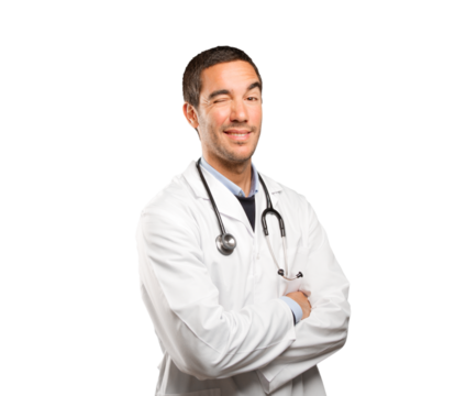 Happy doctor winking an eye against white background
