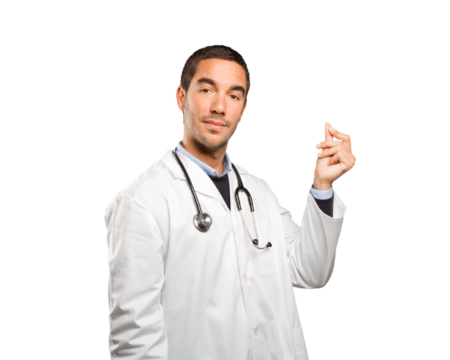 Concerned doctor with money gesture against white background