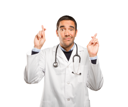 Hopeful doctor with finger cross gesture