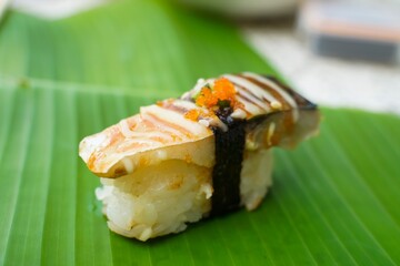 Tuna sushi is a simple Japanese dish. The seafood is delicious.  sushi restaurant concept