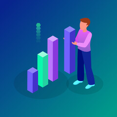 Isometric design concept business analytics with people making various graphs and diagrams