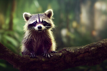 raccoon with tree branch.3d illustration - obrazy, fototapety, plakaty