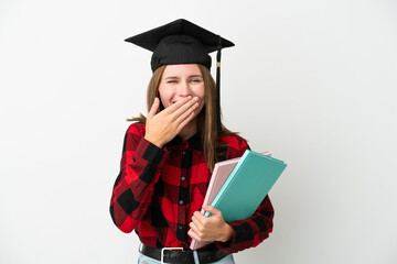 Young English student woman isolated on white background happy and smiling covering mouth with hand