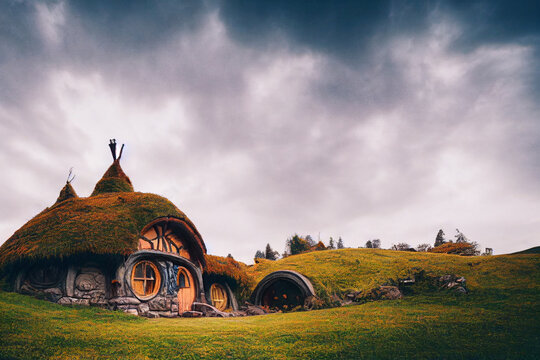 Hobbit houses with sky.3d illustration