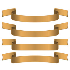A set of award ribbons in gold color on a white background