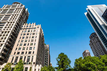 Low angle view of the modern architectural landscape in Taichung, Taiwan.