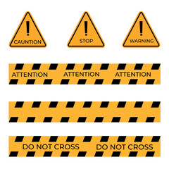 Construction and crime warning tape set. Triangular warning symbols with an exclamation point. Vector illustration.