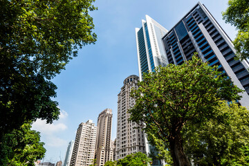 Low-angle view of the modern architectural landscape in Taichung, Taiwan.