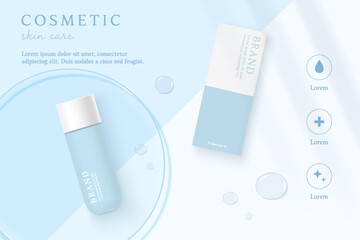 Cosmetics and skin care product ads template on blue background with water drop.