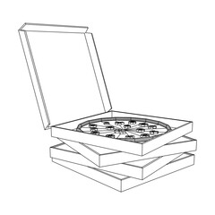 Fresh pizza in box. Wireframe vector