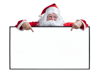 Santa Claus is holding and pointing the white blank sign for seasonal promotion sale and announcement board advertisement isolated on white background for commercial usage
