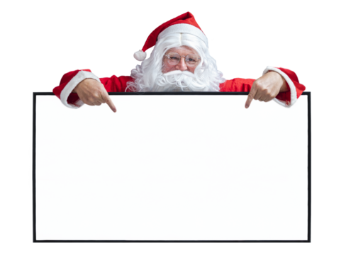Santa Claus is holding and pointing the white blank sign for seasonal promotion sale and announcement board advertisement isolated on white background for commercial usage