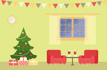 Christmas tree, two cozy three-quarter armchairs and glasses of mulled wine on coffee table. Home interior concept. Cartoon flat style. Vector illustration