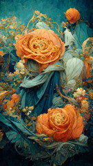 Fototapeta na wymiar Floral digital abstract painting in orange and blue