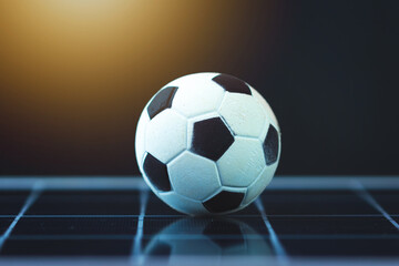 Naklejka premium Soccer ball on photovoltaic solar panel isolated. Sport and technology concept image.