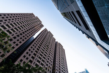 Low angle view of the modern architectural landscape in Taichung, Taiwan.