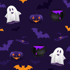 Halloween orange and purple festive seamless pattern. Endless background with pumpkins, jack o lantern funny smiling face, bats, witch cauldron with potion, hat, ghost. Template design for decoration