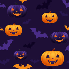 Halloween orange and purple festive seamless pattern. Endless background with pumpkins, jack o lantern funny smiling face, bats. Cartoon texture for print. Template design for scrapbooking. Decoration