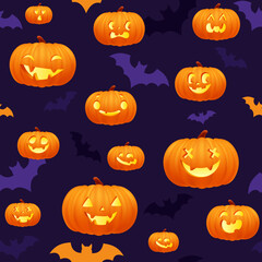 Halloween orange and purple festive seamless pattern. Endless background with pumpkins, jack o lantern funny smiling face, bats. Cartoon texture for print. Template design for scrapbooking. Decoration