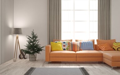 White living room with orange sofa. Scandinavian interior design. 3D illustration