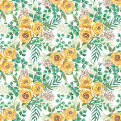 Seamless pattern of yellow rose flowers and leaves. Watercolor illustration.