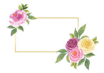 Rectangular golden frame decorated with watercolor flowers and leaves.