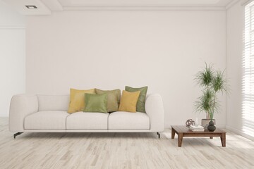 White living room with sofa. Scandinavian interior design. 3D illustration