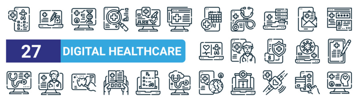 set of 27 outline web digital healthcare icons such as health check, vaccine, dna, stethoscope, smartphone, telemedicine, world, mental health vector thin line icons for web design, mobile app.