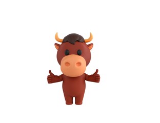 Little Bull character showing thumb up with two hands in 3d rendering.
