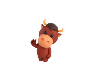 Little Bull character pointing back thumb up empty space in 3d rendering.