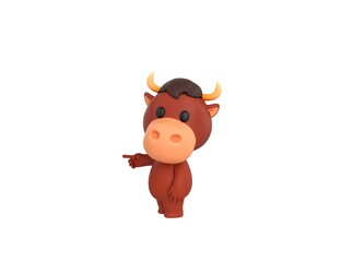 Fototapeta premium Little Bull character pointing index finger to the left in 3d rendering.