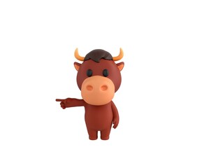 Little Bull character pointing his finger to the left in 3d rendering.