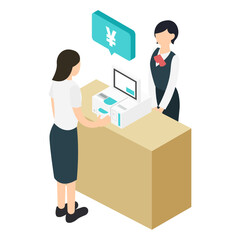 セルフレジを使う女性と受付女性