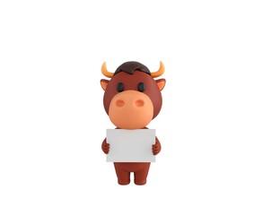 Little Bull character holding a blank billboard in 3d rendering.
