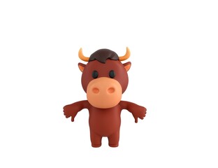 Fototapeta premium Little Bull character showing thumb down with two hands in 3d rendering.