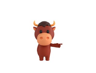 Fototapeta premium Little Bull character pointing to the right in 3d rendering.