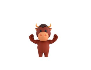 Obraz premium Little Bull character raising two fists in 3d rendering.