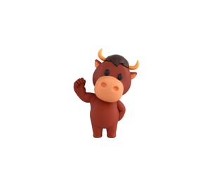 Little Bull character raising right fist in 3d rendering.